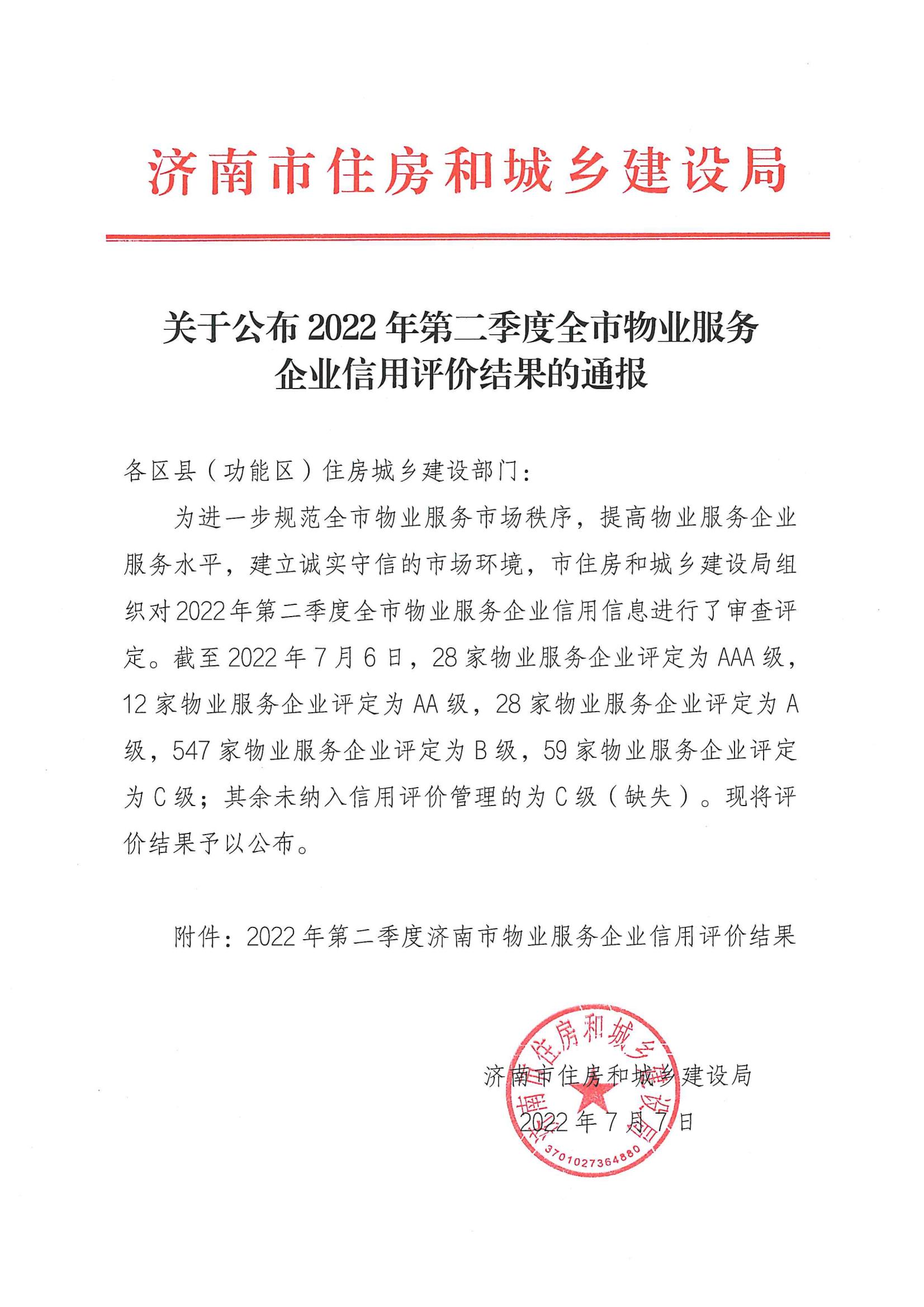 關(guān)于公布2022年第二季度全市物業(yè)服務(wù)企業(yè)信用評價結(jié)果的通報_00